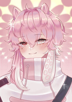 Rule 34 | 1girl, absurdres, animal ears, blush, closed mouth, coat, commentary, double-parted bangs, english commentary, facial mark, grey eyes, hair between eyes, heterochromia, highres, kuraedo, looking at viewer, medium hair, original, pink background, pink coat, pink eyes, pink hair, portrait, smile, solo, star (symbol), star facial mark, tentacle hair