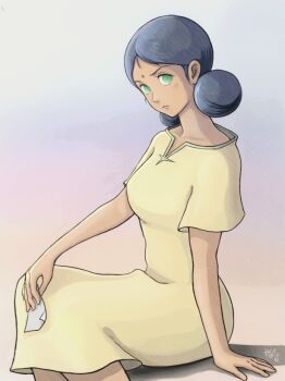 1girl bindi black_hair breasts commentary dark-skinned_female dark_skin day desi double_bun dress feet_out_of_frame from_side frown green_eyes gundam hair_bun holding holding_paper lalah_sune light_blush long_hair long_sleeves looking_at_viewer medium_breasts mobile_suit_gundam moroboshi_danshaku open_mouth outdoors paper short_sleeves sitting solo unamused watermark