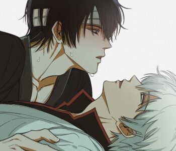 Rule 34 | 2boys, 5x5san, adam's apple, bandaged head, bandages, black hair, black robe, black shirt, collarbone, collared shirt, eye contact, gintama, head back, looking at another, lying, male focus, multiple boys, on back, open collar, open mouth, parted bangs, red trim, robe, sakata gintoki, shirt, short hair, simple background, sweat, takasugi shinsuke, upper body, white background, white hair, yaoi