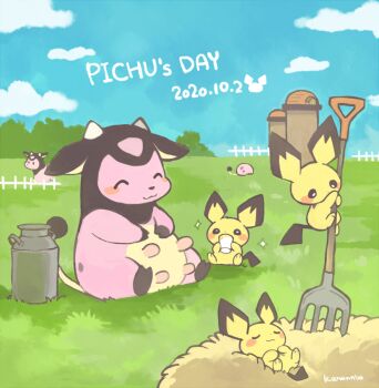 :3 closed_eyes cup dated day drinking fence gen_2_pokemon grass happy konanbo milk miltank nintendo no_humans outdoors pichu picket_fence pitchfork pokemon pokemon_(creature) silo sparkle wooden_fence