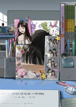 1girl black_hair book calendar_(object) commentary_request controller crocodile crocodilian eraser head_on_table hello_kitty hello_kitty_(character) highres indoors kirby kirby_(series) long_hair lucarios mirror nintendo original paper pen photo_(object) purikura rabbit reflection reflection_focus remote_control sanrio star_(symbol) stationery sticker stuffed_animal stuffed_toy teddy_bear textbook translation_request