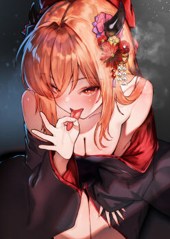 1girl bare_shoulders black_horns black_kimono breasts brown_dust_(series) brown_dust_2 cleavage commentary_request fellatio_gesture flower grey_background hair_flower hair_ornament highres horns japanese_clothes kawakami_masaki kimono large_breasts liberta_(brown_dust) liberta_(hedonist)_(brown_dust) long_hair solo tongue tongue_out very_long_hair