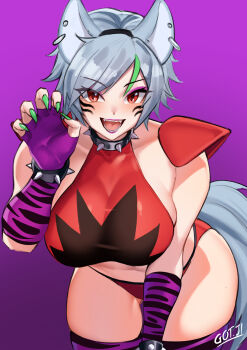 1girl absurdres animal_ears artist_name bent_over black_choker bracelet breasts choker claw_pose collarbone cosplay cowboy_shot ear_piercing earrings eyeshadow facial_tattoo fake_animal_ears fake_tail fangs fingerless_gloves fingernails gloves got_ji_(gojich1) green_eyeshadow green_nails grey_hair halter_shirt halterneck highres jewelry large_breasts lipstick long_fingernails looking_at_viewer makeup multicolored_hair nail_polish open_mouth original panties piercing purple_background purple_gloves purple_lips red_eyes red_panties roxanne_wolf roxanne_wolf_(cosplay) sharp_fingernails short_hair shoulder_pads sideboob sideless_outfit signature simple_background smile solo spiked_bracelet spiked_choker spikes stomach tail tattoo thighhighs underwear wolf_ears wolf_tail