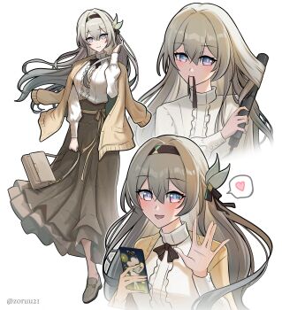 Rule 34 | 1girl, absurdres, alternate costume, bag, black bow, black hairband, blue eyes, bow, breasts, brown bag, brown skirt, bug, cardigan, cardigan on shoulders, cellphone, center frills, closed mouth, commentary, english commentary, firefly, firefly (honkai: star rail), frills, gradient hair, grey hair, hair between eyes, hair bow, hair straightener, hair tie in mouth, hairband, hand up, heart, highres, holding, holding bag, holding hair straightener, holding phone, honkai: star rail, honkai (series), insect, light blush, long skirt, long sleeves, looking at viewer, medium breasts, mouth hold, multicolored eyes, multicolored hair, multiple views, open cardigan, open clothes, open mouth, phone, purple eyes, shirt, simple background, skirt, smartphone, smile, spoken heart, twitter username, two-tone eyes, waving, white background, white shirt, yellow cardigan, zoruu21