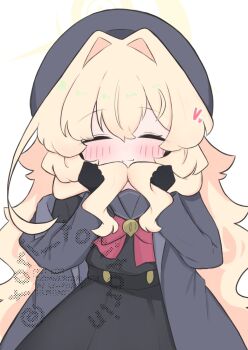 1girl beret black_gloves black_serafuku black_shirt black_skirt blonde_hair blue_archive blush bow closed_eyes closed_mouth commentary_request facing_viewer gloves grey_hat grey_jacket grey_sailor_collar halo hands_up hat heart highres holding holding_own_hair jacket kujou_karasuma long_hair long_sleeves off_shoulder open_clothes open_jacket professor_niyaniya_(blue_archive) red_bow sailor_collar school_uniform serafuku shirt simple_background skirt smile solo very_long_hair watermark white_background