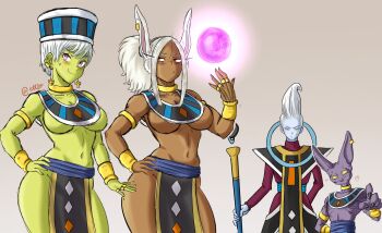 2boys 2girls beerus blush boku_no_hero_academia breasts cheelai colored_skin colorized crossover curvy dark-skinned_female dark_skin dragon_ball dragon_ball_super dragon_ball_super_broly ettso green_skin hand_on_own_hip heart highres iron_alchemist jewelry mirko multiple_boys multiple_girls navel nervous_smile rabbit_ears smile third-party_edit twitter_username whis white_hair wide_hips