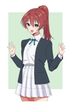 Rule 34 | 1girl, :d, absurdres, alternate hairstyle, aqua eyes, black jacket, border, collared shirt, commentary request, cowboy shot, dress shirt, emma verde, green background, green ribbon, hands up, high ponytail, highres, ilkraz aoi, jacket, looking at viewer, love live!, love live! nijigasaki high school idol club, miniskirt, neck ribbon, nijigasaki school uniform, open clothes, open jacket, open mouth, outside border, plaid clothes, plaid skirt, pleated skirt, ponytail, ribbon, school uniform, shirt, skirt, smile, solo, white border, white shirt, white skirt, winter uniform