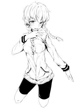 Rule 34 | 1girl, absurdres, amane suzuha, bike shorts, blush, braid, breasts, greyscale, highres, jacket, long hair, looking at viewer, medium breasts, monochrome, science adventure, simple background, solo, steins;gate, track jacket, twin braids, white background, yakku