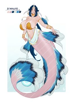 Rule 34 | arm fins, black hair, breasts, fins, fish tail, highres, horns, jewelry, long hair, necklace, okasbasement, pink scales, single horn, stomach, tail