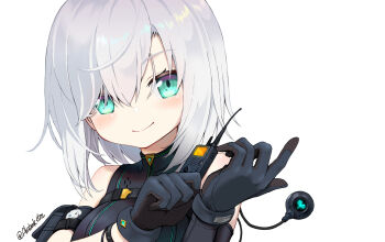 1girl adjusting_clothes adjusting_gloves ars_almal bare_shoulders black_gloves black_shirt blue_eyes character_name closed_mouth communicator earphones gloves glowing glowing_trim green_eyes hair_between_eyes highres light_blush light_smile looking_at_viewer nijisanji portrait shirt short_hair simple_background sleeveless sleeveless_shirt slit_pupils smile smirk smug solo tatami_kami turtleneck upper_body virtual_youtuber walkie-talkie white_background white_hair