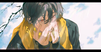 1boy black_hair branch hair_between_eyes hands_up highres letterboxed long_sleeves male_focus original outdoors red_eyes scarf short_hair sleeves_past_wrists snow snowing solo upper_body winter winter_uniform xiaojiaju yellow_scarf