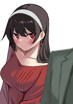 1boy 1girl absurdres black_hair blush breasts closed_mouth collarbone earrings hairband highres jewelry large_breasts long_hair mizumok1 red_eyes red_sweater simple_background solo_focus spy_x_family sweater twilight_(spy_x_family) white_background white_hairband yor_briar