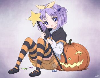 1girl absurdres bow_hairband candy capelet commentary english_commentary food full_body hair_bobbles hair_ornament hairband halloween highres hiiragi_tsukasa holding holding_wand jack-o&#039;-lantern knees_up long_sleeves looking_at_viewer lucky_star mary_janes nakobon open_mouth pumpkin purple_eyes purple_hair shoes short_hair shorts sitting smile solo star_wand striped_clothes striped_thighhighs thighhighs two_side_up wand wrapped_candy