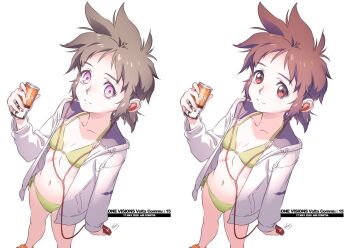 1girl 2020 2girls bikini brown_hair closed_mouth collarbone earphones expressionless green_bikini highres hood hooded_jacket jacket key_the_metal_idol looking_at_viewer mima_tokiko multiple_girls navel official_art purple_eyes short_hair simple_background smile solo spiked_hair swimsuit tanaka_kunihiko walkman white_background