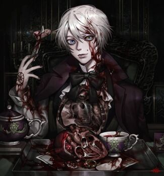 1boy alois_trancy blood blood_on_clothes blood_on_face bloodshot_eyes bloody_tears blue_eyes body_horror bow bowtie candlestand chair coat cup exposed_bone exposed_muscle expressionless food fruit guro head_tilt heart_(organ) holding holding_knife hole_in_chest hole_on_body impaled implied_cannibalism implied_self-harm indoors knife kuroshitsuji looking_at_viewer male_focus pentagram pomegranate purple_coat self-cannibalism shinku_syrup shirt short_hair sitting smile solo table teacup teapot torn_clothes tray upper_body white_hair white_shirt