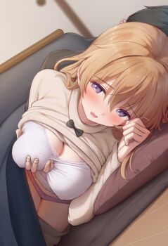 1boy 1girl blush bra breasts brown_hair clothes_lift commentary grabbing_another's_breast grabbing_from_behind groping hetero highres indoors konoe_kanata kotatsu large_breasts long_hair long_sleeves love_live! love_live!_nijigasaki_high_school_idol_club lying navel on_side open_mouth paid_reward_available panties pink_panties purple_eyes shirt shirt_lift table toyasu_aina under_covers under_kotatsu under_table underwear white_bra white_shirt