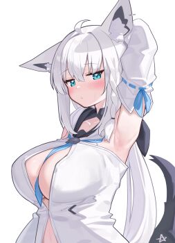 1girl absurdres ahoge animal_ear_piercing animal_ears aqua_eyes arm_up armpits blue_neckerchief blush braid breasts closed_mouth commentary_request deaver detached_sleeves fox_ears fox_girl fox_tail hair_between_eyes highres hololive hood hood_down large_breasts long_hair looking_at_viewer low_ponytail neckerchief neckerchief_between_breasts paid_reward_available ponytail shirakami_fubuki shirakami_fubuki_(1st_costume) shirt simple_background single_braid solo strapless strapless_shirt tail upper_body virtual_youtuber white_background white_hair white_hood white_shirt