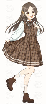 1girl absurdres amashi_2278 blunt_ends brown_dress brown_hair brown_ribbon brown_shoes buttons double-breasted dress full_body gakuen_idolmaster highres idolmaster kuramoto_china long_hair neck_ribbon parted_lips pinafore_dress plaid_clothes plaid_dress platform_shoes pleated_dress ribbon shirt shoes simple_background skirt_hold sleeveless sleeveless_dress socks solo standing standing_on_one_leg straight_hair teeth upper_teeth_only very_long_hair white_background white_shirt white_socks