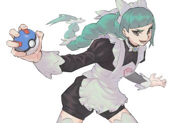Rule 34 | 1girl, apron, black romper, blunt bangs, bow, bowtie, braid, braided ponytail, breasts, brown hair, great ball, green hair, highres, holding, holding poke ball, juliet sleeves, lebanne (pokemon), long braid, long hair, long sleeves, maid, maid apron, maid headdress, mega stone, nintendo, open mouth, poke ball, pokemon, pokemon legends: z-a, psylduck, puffy sleeves, romper, simple background, smile, solo, teeth, thighhighs, tsurime, white background, white bow, white bowtie, white thighhighs