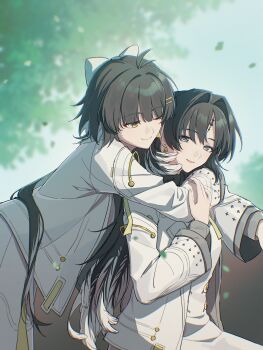 2girls absurdres alternate_costume black_eyes black_hair closed_mouth commentary_request feather_hair female_rover_(wuthering_waves) hair_intakes hair_ornament hairclip highres jacket kohane_kun long_hair mole mole_under_eye multiple_girls one_eye_closed parallel_hairclips revision rover_(wuthering_waves) smile tacet_mark_(wuthering_waves) white_jacket wuthering_waves yangyang_(wuthering_waves) yellow_eyes