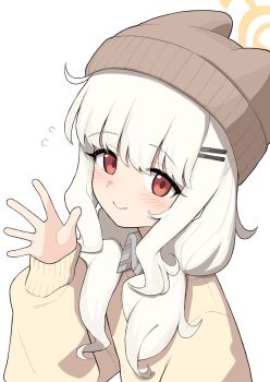 1girl aoba_(blue_archive) beanie blue_archive blush commentary_request hair_ornament hairclip halo hat highres long_hair long_sleeves looking_at_viewer low_twintails official_alternate_costume red_eyes smile solo sweater twintails upper_body waving white_background white_hair yoimura