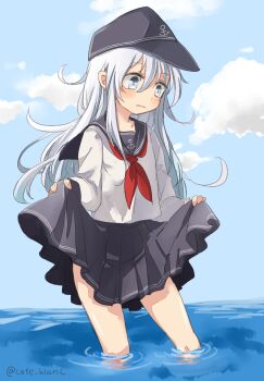 1girl anchor_symbol black_hat black_sailor_collar black_skirt blue_eyes blue_hair blue_sky blush clothes_lift cloud collarbone commentary_request double-parted_bangs flat_cap frown hair_between_eyes hat hibiki_(kancolle) highres horizon kantai_collection lifting_own_clothes long_hair long_sidelocks long_sleeves motohara_moka neckerchief one-hour_drawing_challenge outdoors pleated_skirt red_neckerchief sailor_collar shirt sidelocks skirt skirt_lift sky solo twitter_username very_long_hair wading white_shirt