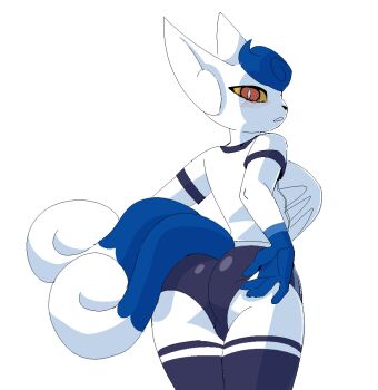 1girl adjusting_buruma adjusting_clothes animal animal_ears ass black_buruma black_thighhighs blue_hair blush breasts buruma cat cat_ears cat_girl cat_tail colored_sclera from_behind furry g-sun gen_6_pokemon gym_uniform large_breasts looking_at_viewer looking_back meowstic meowstic_(female) multiple_tails nekomata nintendo open_mouth pokemon pokemon_(creature) red_eyes shirt short_hair short_sleeves standing tail thighhighs white_background white_fur white_shirt yellow_sclera