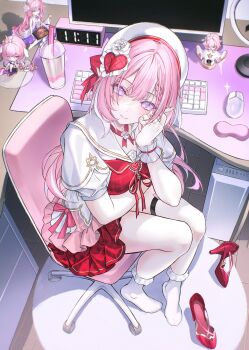 1girl arm_under_breasts braid braided_bangs breasts closed_mouth commentary computer computer_keyboard cup diamond-shaped_pupils diamond_(shape) disposable_cup dress elf elysia_(hi_love_elf)_(honkai_impact) elysia_(honkai_impact) from_above hair_ornament hand_up hashtag-only_commentary hat heart heart_hair_ornament highres honkai_(series) honkai_impact_3rd looking_at_viewer looking_up medium_breasts neon_(pixiv_31150749) pink_hair pointy_ears purple_eyes sitting smile solo symbol-shaped_pupils thigh_strap thighs white_dress white_hat