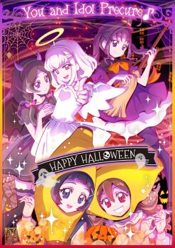 5girls ahoge angel angel_and_devil angel_wings aokaze_nana artist_logo banana bare_arms bare_shoulders black_hair blonde_hair blue_eyes blue_hair blunt_bangs bob_cut braid broom brown_hair bubble_skirt bug choker closed_mouth collarbone cosplay demon demon_horns demon_tail demon_wings dress finger_gun food fruit ghost hair_ornament hair_ribbon hair_tie hairpin halloween halloween_costume happy_halloween headband highres holding holding_broom holding_hands horns kamikita_futago kimi_to_idol_precure leggings logo long_sleeves looking_at_another looking_at_viewer looking_up low_twin_braids meroron_(civilian)_(precure) meroron_(precure) miniskirt multiple_girls night night_sky pink_hair precure puffy_dress puffy_sleeves pumpkin purirun_(civilian)_(precure) purirun_(precure) purple_eyes purple_hair red_eyes ribbon sakura_uta_(precure) see-through_clothes see-through_sleeves shigure_kokoro shirt short_sleeves silk skirt sky sleeveless sleeveless_shirt smile smirk spider spider_web tail twin_braids twintails upper_body wings witch