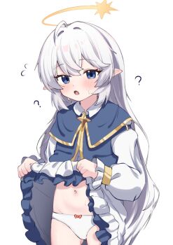 1girl ? blue_eyes blush clothes_lift commentary_request commission halo highres korean_commentary lifting_own_clothes long_hair navel original panties pointy_ears simple_background solo underwear white_background white_panties yeou_kkoli