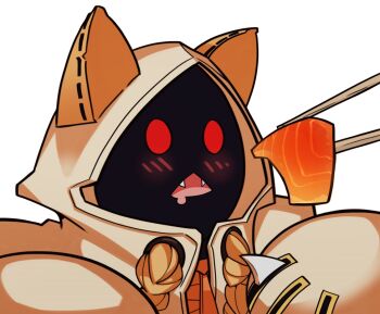 animal_ears blazblue blonde_hair blush braid cat_ears cat_girl chopsticks drooling fang food glowing glowing_eyes hood mouth_drool obscured_face red_eyes simple_background splashbrush sushi taokaka