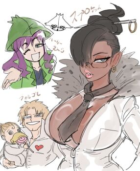 1girl 2boys beak between_breasts black_hair breasts cacturne candy character_name cleavage dancho_no_mori dark-skinned_female dark_skin doodle_inset earrings eyeshadow food food_in_mouth fur-trimmed_collar fur_(clothing) fur_trim gen_3_pokemon girly_boy glasses gold_earrings green_hat green_jacket grey_eyes grin hair_ornament hair_over_one_eye hair_stick half-closed_eyes hand_up harley_(pokemon) hat heart holding holding_candy holding_food holding_lollipop jacket jewelry kanchome_(konjiki_no_gash!!) konjiki_no_gash!! large_breasts lollipop long_hair looking_at_viewer makeup multiple_boys necktie necktie_between_breasts nintendo one_eye_closed open_mouth parco_folgore parted_lips pink_lips pointy_ears pokemon pokemon_(anime) pokemon_rse_(anime) purple_hair saliva short_hair smile sprocket_(viewtiful_joe) swirl_lollipop thick_lips very_dark_skin viewtiful_joe