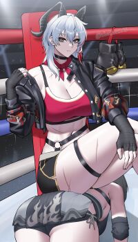 Rule 34 | 2girls, absurdres, all fours, alternate costume, ass, bandaged hand, bandages, black choker, black horns, black shorts, boxing gloves, boxing ring, breasts, choker, cleavage, closed mouth, commentary, cropped jacket, curled horns, elbow pads, female rover (wuthering waves), highres, horns, large breasts, low ponytail, mole, mole under eye, multiple girls, navel, neck ribbon, obosounds, off shoulder, ponytail, red ribbon, ribbon, rover (wuthering waves), scar, shorts, sitting, sitting on person, sports bra, strap, twitter username, white hair, wuthering waves, zani (wuthering waves)