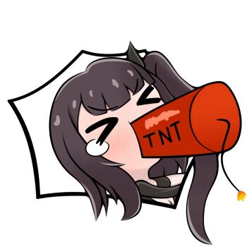 &gt;_&lt; 1girl architect_(girls&#039;_frontline) black_hair blush chibi closed_eyes commentary dynamite english_commentary explosive girls&#039;_frontline hair_ornament lit_fuse long_hair mouth_hold one_side_up sangvis_ferri simple_background solo tears tnt upper_body v-shaped_eyebrows white_background yuga_pratama