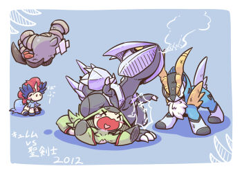 Rule 34 | 2012, = =, animal focus, bandaid, blue background, blush, blush stickers, border, claws, closed eyes, cobalion, commentary request, defeat, dragon, gen 5 pokemon, horns, ice, injury, keldeo, keldeo (ordinary), kyurem, legendary pokemon, mythical pokemon, nettsuu, nintendo, no humans, nostrils, open mouth, pokemon, pokemon (anime), pokemon (creature), pokemon bw (anime), pokemon focus, pokemon the movie: kyurem vs. the sword of justice, simple background, single horn, sitting, speech bubble, terrakion, translation request, v-shaped eyes, virizion, white border, x x, yellow eyes