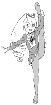 1girl bow dress drill_hair greyscale hair_bow heriyama long_hair luna_platz_(mega_man) mega_man_(series) mega_man_star_force_(series) monochrome open_mouth pantyhose simple_background smile split standing standing_on_one_leg standing_split twin_drills very_long_hair white_background