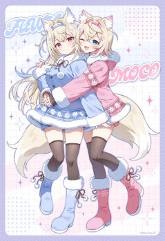 Rule 34 | 2girls, ;d, absurdres, animal ear fluff, animal ears, blonde hair, blue boots, blue eyes, blue hair, blue hairband, blue jacket, boots, border, breasts, brown thighhighs, character name, closed mouth, commentary, dog ears, dog girl, dog tail, english commentary, fake horns, fur-trimmed boots, fur-trimmed hood, fur-trimmed jacket, fur-trimmed sleeves, fur trim, fuwawa abyssgard, hairband, hand up, highres, hololive, hololive english, hood, hood down, hooded jacket, horns, hug, hug from behind, interlocked fingers, jacket, long hair, mauve, medium breasts, mococo abyssgard, multiple girls, one eye closed, open mouth, pink boots, pink eyes, pink hair, pink hairband, pink jacket, purple border, siblings, sisters, sketch, sleeves past wrists, smile, standing, standing on one leg, tail, thighhighs, thighhighs under boots, twins, two side up, very long hair, virtual youtuber