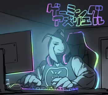 1boy asriel_dreemurr asriel_dreemurr_(god_of_hyperdeath) chair character_name computer_keyboard computer_mouse fang furry furry_male gaming_chair goat_horns headphones headphones_around_neck highres horns looking_to_the_side male_focus monitor skin_fang swivel_chair translated undertale uranagi_(uranaginasi) utdr_(toby_fox)