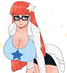 Rule 34 | 1girl, aged up, bent over, blue eyes, breasts, cleavage, curvy, female focus, glasses, highres, huge breasts, johnny test, lab coat, lips, long hair, pinkkoffin, red hair, solo, star (symbol), susan test, thick thighs, thighs, wide hips