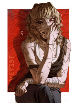 1girl black_choker black_nails border brown_hair choker commentary hand_on_own_face highres jewelry long_hair looking_at_viewer medium_hair missing_eye original outside_border red_eyes ring scar scar_on_face sitting solo vey3st white_border