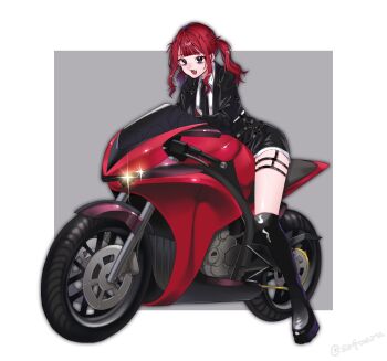 1girl black_boots black_jacket black_necktie boots collared_shirt double-t_(grand_theft_auto) grand_theft_auto grand_theft_auto_v headlight_beam highres jacket knee_boots motor_vehicle motorcycle necktie on_motorcycle red_hair shirt sidelocks so4_(so4maru) solo thighs twintails vehicle_focus white_shirt