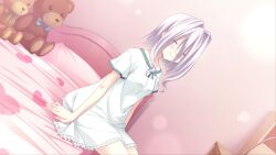 Rule 34 | 1girl, bed sheet, blue bow, bow, closed eyes, game cg, highres, medium hair, nagisa (root double), nightgown, non-web source, official art, on bed, pillow, ribbon, root double -before crime after days-, smile, stuffed animal, stuffed toy, teddy bear, white hair