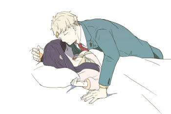 1boy 1girl arm_support bed_sheet bent_over black_hair blonde_hair blue_jacket blue_pants closed_eyes closed_mouth collared_shirt commentary_request couple formal_clothes head_on_pillow hetero husband_and_wife imminent_kiss jacket kiss kissing_forehead koniwa lapel_pin long_hair long_sleeves necktie pants pillow red_necktie shirt short_hair simple_background sleeping spy_x_family suit suit_jacket twilight_(spy_x_family) under_covers very_short_hair white_background yor_briar