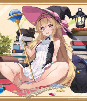 1girl barefoot black_cat black_dress black_headwear blonde_hair book breasts cat coin dress feet gem gloves hairband hat hat_ribbon highres lantern legs little_witch_nobeta loli long_hair nobeta official_art oneko open_mouth panties panty_peek phyllis_(cat)_(little_witch_nobeta) phyllis_(little_witch_nobeta) red_eyes ribbon second-party_source short_dress sitting sleeveless sleeveless_dress small_breasts smile soles spread_legs thighs toes two-tone_dress underwear wand white_dress white_gloves white_panties witch_hat