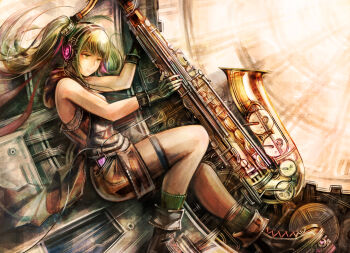 1girl bare_shoulders black_shoes closed_mouth commentary_request expressionless fingerless_gloves from_side gloves green_eyes green_hair green_socks grey_shirt headphones highres holding holding_instrument holding_saxophone hood hood_down hoodie instrument long_hair nail_polish original pink_nails saxophone shirt shoes shorts sleeveless sleeveless_hoodie sleeveless_shirt socks solo sushi_(sashimise) thigh_strap twintails