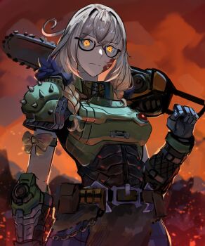 1girl absurdres aqua_bow arm_bow armor blood blood_on_face bow braid chain chainsaw closed_mouth cosplay doom_(series) doomguy doomguy_(cosplay) embers glasses grey_hair hair_bow highres holding holding_chainsaw indie_virtual_youtuber kanna_yanagi lemontaste long_hair over_shoulder second-party_source semi-rimless_eyewear solo virtual_youtuber weapon weapon_over_shoulder yellow_bow yellow_eyes