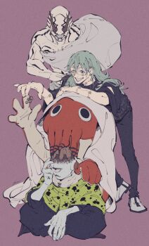 commentary cursed_spirit_(jujutsu_kaisen) dagon_(jujutsu_kaisen) facial_mark hair_between_eyes hanami_(jujutsu_kaisen) heterochromia highres horns_on_eye_sockets jogo_(jujutsu_kaisen) jujutsu_kaisen long_hair mahito_(jujutsu_kaisen) mim_(mimya0600) one-eyed stitched_arm stitched_face stitched_neck stitches teeth