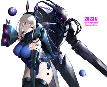 1girl arm_cannon black_thighhighs blame! blue_eyes blue_leotard breasts cibo cyberpunk cyborg happy_new_year joints large_breasts leotard long_hair looking_at_viewer mechanical_arms new_year pale_skin robot_joints sakuma_tsukasa science_fiction silicon_creature_(blame!) simple_background sparkling_eyes thick_thighs thighhighs thighs weapon white_background white_hair