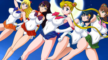 5girls aino_minako bishoujo_senshi_sailor_moon bishoujo_senshi_sailor_moon_(first_season) blonde_hair blue_hair blue_sailor_collar blue_skirt breasts brown_hair cameltoe choker circlet clenched_hand commentary_request covered_erect_nipples crescent_moon double_bun dutch_angle earrings elbow_gloves frown gloves green_choker green_sailor_collar green_skirt hair_bun hair_ribbon hand_on_own_hip highres hino_rei inner_senshi jewelry kino_makoto large_breasts lento_(glamour_works) leotard leotard_peek long_hair magical_girl microskirt mizuno_ami moon multiple_girls navel night orange_choker orange_sailor_collar orange_skirt panties ponytail purple_hair red_choker red_sailor_collar red_skirt ribbon sailor_collar sailor_jupiter sailor_mars sailor_mercury sailor_moon sailor_senshi sailor_senshi_uniform sailor_venus short_hair skirt sky smile star_(sky) starry_sky transformation_brooch_(sailor_moon) tsukino_usagi twintails underwear upskirt white_gloves