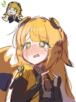 1girl absurdres animal_ear_fluff animal_ears blush bow chibi colored_inner_hair crying crying_with_eyes_open green_eyes hashtag-only_commentary highres jacket ju_fufu kesiutu long_hair looking_to_the_side multicolored_hair open_mouth reference_inset simple_background striped_fur striped_hair tail tail_bow tail_ornament tears tiger_ears tiger_girl tiger_stripes tiger_tail upper_body white_background yellow_jacket zenless_zone_zero